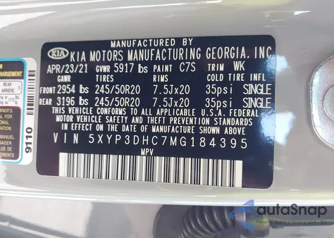 2021 Kia Telluride Ex z USA, uszkodzony, nr VIN 5XYP3DHC7MG184395